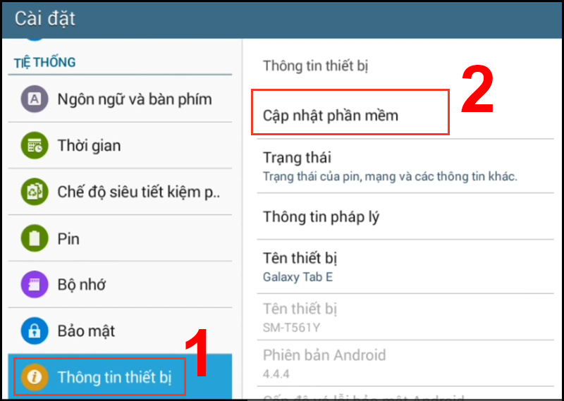 Truy cập Cập nhật phần mềm trong phần Thông tin thiết bị